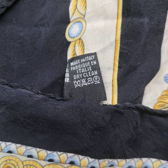 Vintage Handrolled Luxurious 100% Silk Scarf 32"x31" Black Gold Blue Made Italy